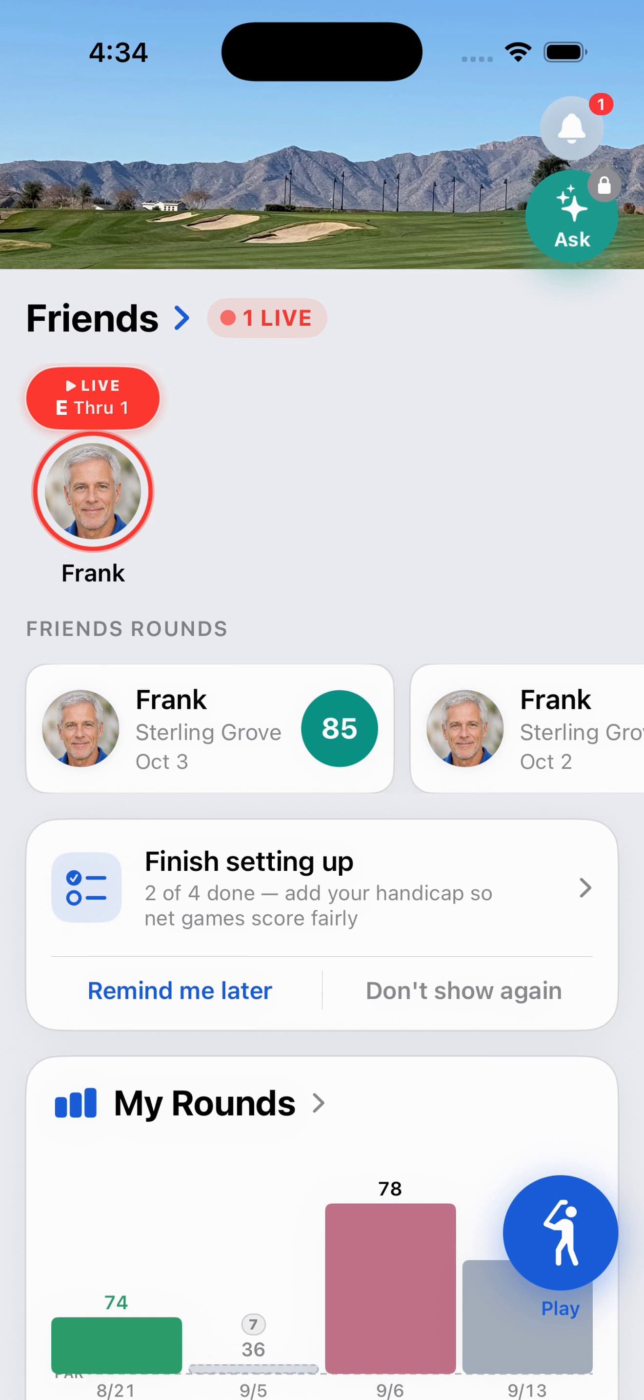 A friend's live round on the Home screen